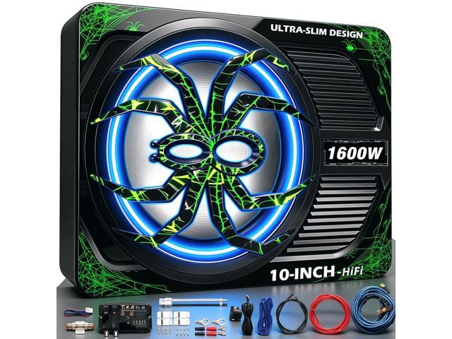 Upgraded 1600W Car Subwoofer, 10' Ultra-Thin Under-Seat Sub with Built-in Amplifier, (LPF/Gain/Bass Boost) LED Ambient Lights, Independent Bass...