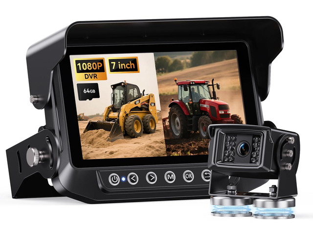 Skid Steer Backup Camera Dual-View 7 Inch 1080p HD, Magnetic Camera, and DVR Recorder for Farm Tractor Trucks, RVs, Trailers, and Farm Heavy Equipment