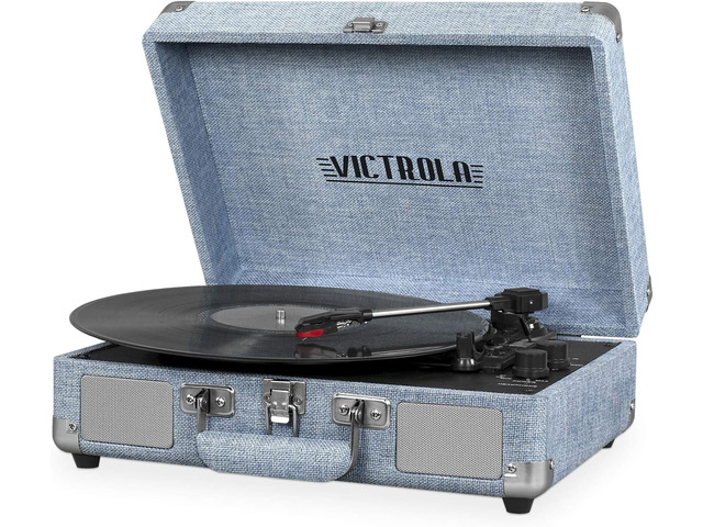 Journey Bluetooth Portable Suitcase Record Player with Built-in Speakers, 3 Speed Vinyl Record Player, RCA Out, Headphone Jack (Light Denim Blue...