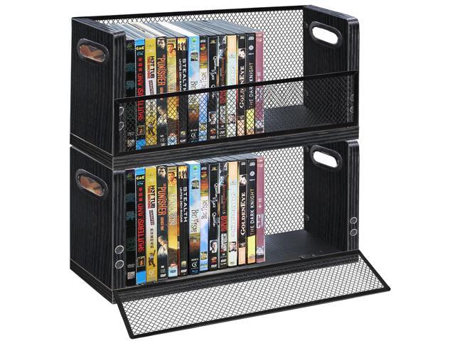 DVD Storage Box, 2 Pack Holds 56 DVDs (28 Each), Stackable Wood & Metal Organizer with Magnetic Opening Door for Blu ray, CDs, Video Game Cases,...