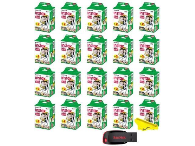 Instax Mini Instant Camera Film with Sandisk 32 GB USB Flash Drive + 20 x Mini Twin Packs (400 Sheets) and Buzz-Photo Microfiber Cleaning Cloth