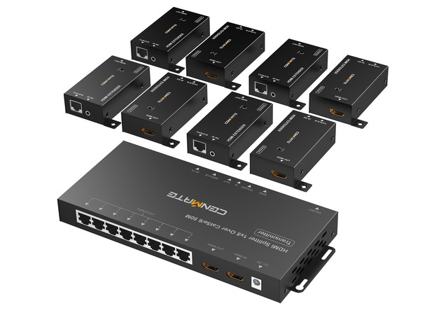 1x8 HDMI Extender Splitter, Up to 165FT Over CAT5e/6/7, 8 Channel Transmission with 1 HDMI Loop Out, Supports IR, 3D, HDCP, EDID, POC
