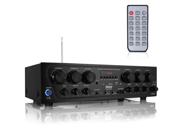 Wireless Bluetooth Karaoke Amplifier - 6 Channel 750W Power, Stereo Receiver Home Audio Amplifier w/USB,AUX, Subwoofer Out, Headphone, 2 Mic Input...