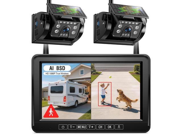 Dual Magnetic Solar Wireless Backup Camera, 7' DVR Monitor with BSD HD 1080P Portable 2 Rear View Cameras Night Vision Waterproof for Truck Trailer...