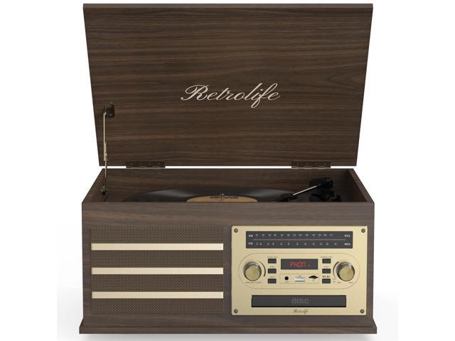 Vinyl Record Player 10-in-1 Music Center Turntable Built-in Speakers 3 Speed BT Wireless Input/Output AM/FM Radio CD Cassette Tape Player Aux RCA...