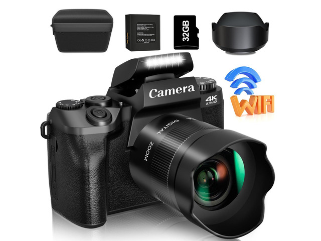 Digital Camera, 4k Cameras for Photography & Video, 64MP WiFi Touch Screen Vlogging Camera for YouTube with Flash, 32GB Card, Lens Hood, 3000mAH...