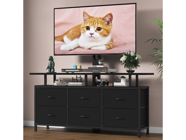 Black TV Stand with Mount for 32/45/55/60/65/75 inch TVs, Entertainment Center with 6 Fabric Drawers & Open Shelf, TV Media Console for Living...