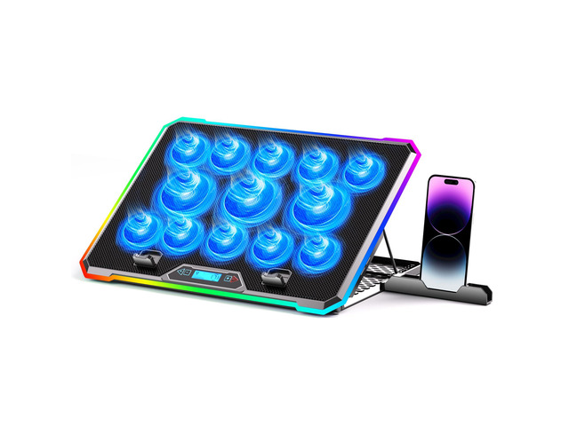 Gaming Laptop Cooler with 13 Ultra Quiet Fans, LCD Screen and Multi Color RGB - 10 Lighting Modes, 9 Adjustable Heights, Dual USB Ports, Built in...