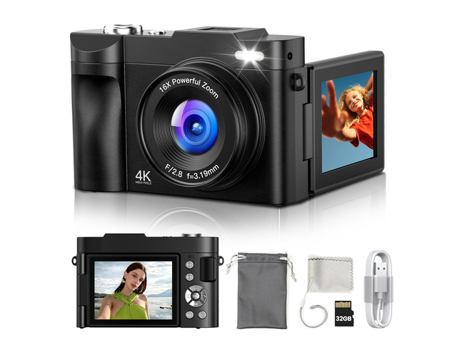 Digital Camera 4K for Photography Vlogging: 50MP Cameras for Video - 16X Zoom Photo Camera Gifts for Teens Ages 8-16 - 180°Flip Screen Compact...