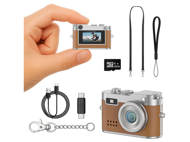 Mini Retro Camera with 1080P Video, 2MP Photos, Keychain Digital Camera, Ultra-Compact Tiny Camera with 32GB SD Card, OTG Adapter, Vintage Little...