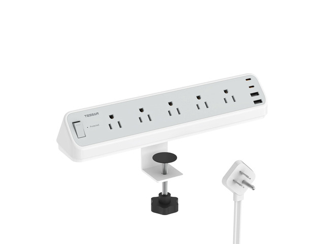 Desk Clamp Power Strip 10 Ft with 2100J Surge Protector, Gray 5 Outlets and 4 USB (2 USB C) Desk Charging Station, Flat Plug Extension Cord with...