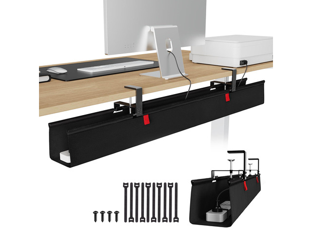 Extra Large No Drill Under Desk Cable Management Tray 48 in, Black Clamp/Screw Mount, Supports Up to 70lbs, Fabric Wire Management Cable...