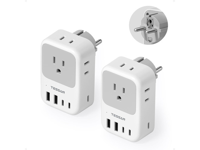 Type F Plug Adapter 2 Pack, 28W Germany France Travel 4 Outlets 5 USB Ports (3 USB-C), Type E Power Adaptor, US to Europe Spain Iceland Greece...