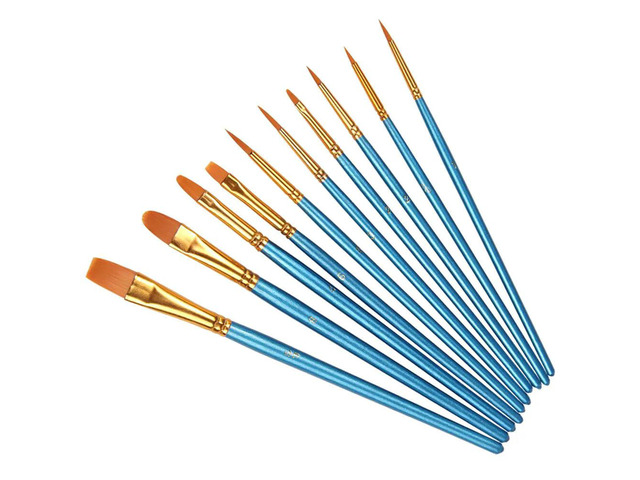10Pcs Blue Painting Brushes Durable Wood Handle Flat Set Watercolor Oil Paintbrushes for Beginners Professionals Art