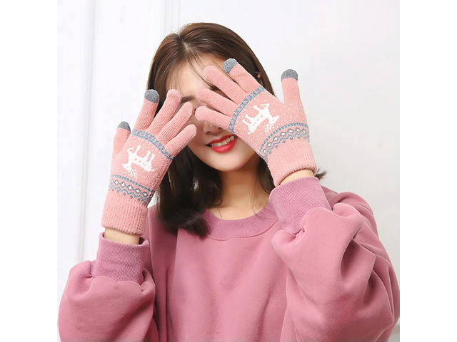 1Pair Winter Thick Knitted Gloves Full Finger Warm Hand Gloves Touchscreen Outdoor Cold Weather Christmas Pattern