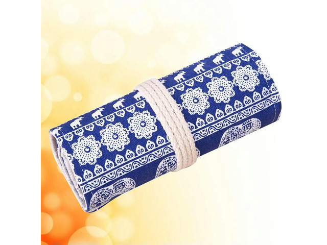 Colored Pencil Roll Canvas Pen Holder Organizer 48 Slots Blue White Porcelain Elephant Art Therapy Pencil Wrap Travel Case