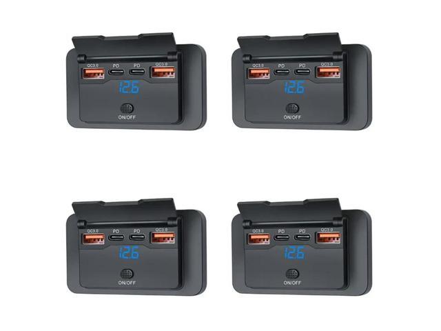 4X 4-Ports 12V 108W Dual PD+Dual QC3.0 USB W/ Digital Voltmeter Switch Socket Power Outlet Panel Adapte