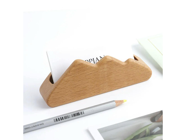 1Pcs Unique Mountain Style Solid Wood Business Card Holder Sturdy Desk Organizer Natural Beech Wood Display Stand for Office