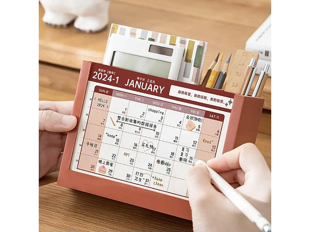 2023 Decorative Standing Calendar Plastic Desk Organizer Pen Holder Calendar Box Desktop Sundries Holder Office Monthly