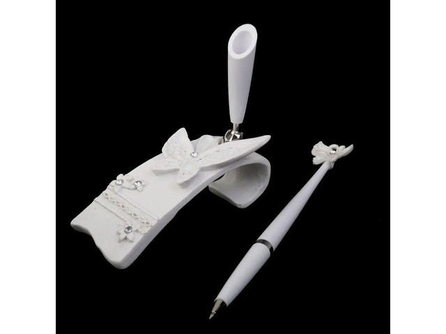 Rhinestone Decorated White Signing Pen with Holder 16cm Rotatable for Wedding Bridal Engagement Special Days Elegant Accessory
