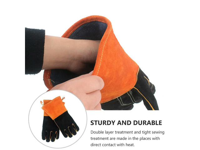 1Pair Odorless Safe Bbq Gloves Double-Layer Reinforced Seams Fireproof Cowhide Gloves for Outdoor Grilling Barbecuing Camping