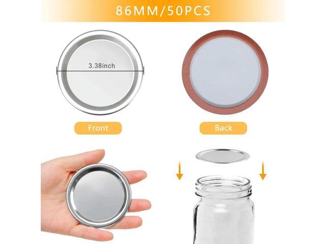 50 Pcs Wide Mouth 86 MM Jar Canning Lids, Reusable Leak Proof Split-Type Silver Lids with Silicone Seals Rings