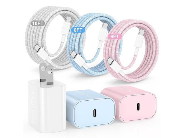 20W USB C Fast Charging for iPhone 17 Air/16/15 Pro Max,3Pack Colorful Mixed Charger Block with Braided Long USB C to C Cables (6/6/10ft).