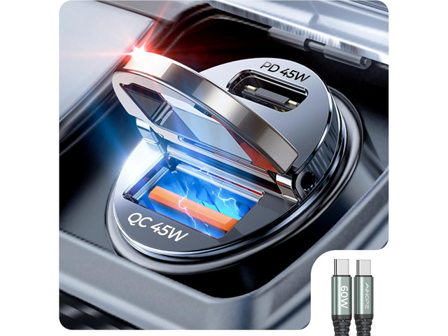 AINOPE 90W for iPhone 17/16/15 Pro Max Car Charger USB C Fast Chage, [Mini & Metal] Invisible Cigarette Lighter Adapter with 3FT USB C to C Cable,...