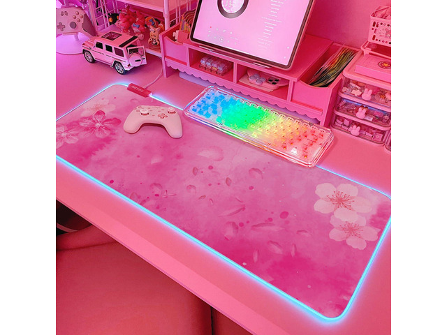 JMIYAV RGB Cherry Blossom Gaming Mouse Pad Pink 31.5x12 Inch PC XL Large Extended Glowing Led Light Up Desk Pad Non-Slip Rubber Base Computer...