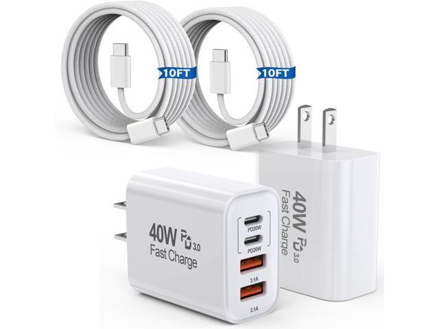 10FT iPhone 17 16 15 Pro Charger,2Pack 10Foot USB C to C Woven Cable Cord 40W USB C Apple Charger 4 Port PD & AC Charge Block Fast Charging for...
