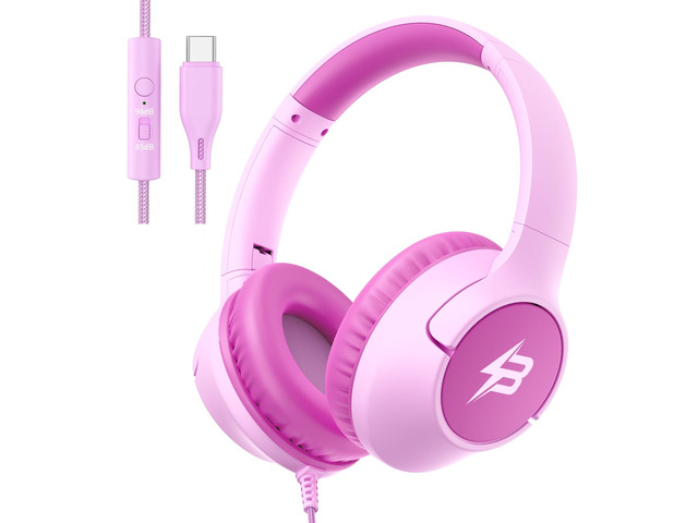 USB C Headphones Wired for Kids, 85/94dB Volume Limit With Mic, Rosy Pink Kid Headphones for School, Wired Over Ear USBC Plug in Corded Headphones...