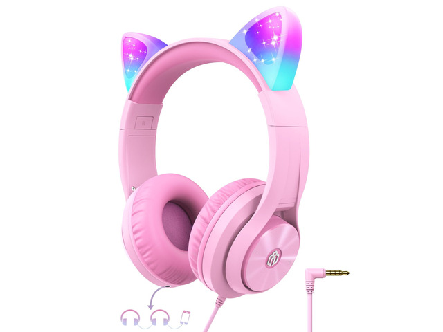 HS20 Kids Headphones for Toddler Girls, Cat Ear LED Light Up School SafeSound Tech, 3.5mm Wired Foldable FunShare, Stereo Sound, Over-Ear...
