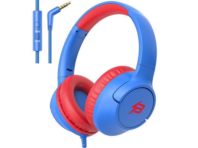 Wired Headphones for Kids for School, 3.5mm Cord Safe Volume Limit, Blue Over Ear Headphones with Mic, 85/94dB for Boys Girls Toddler, Foldable...