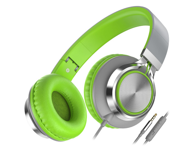 Wired Headphones with Mic for School Kids Boys Girls Teen 3.5mm, GreyGreen On-Ear Headsets with Volume Control, Corded Foldable for Smartphones...