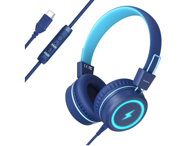 Kids Headphones with LED Lights, USB Type C Headphones for School 85/94dB Volume Limit, On Ear Headphones with Microphone, Wired Foldable, Stereo...