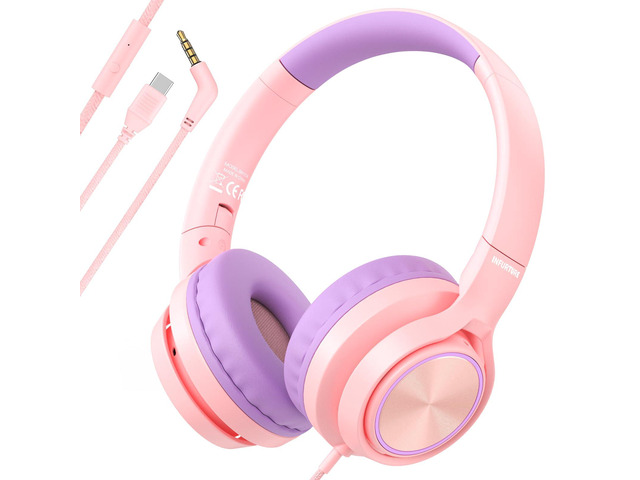 Kids Headphones with 3.5mm & USB C Headphones Kids for School, Over-Ear for Boys Girls, Foldable Headphone Built-in Mic, Safe Volume for...