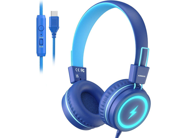 Kid Headphones for School, USB Type C Kids Headphone with LED Lights, Wired Boys Girls Headphones with Safe Limiter 85dB/94dB, Foldable On Ear...