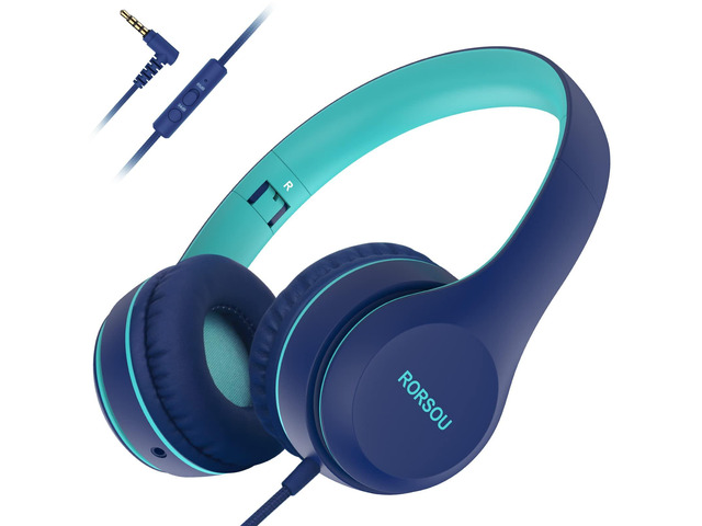 K5 Kids Headphones with Microphone for shchool, Volume Limiter 85/94dB, Foldable Stereo Tangle-Free 3.5mm Jack Wired Cord On-Ear Headphones for...