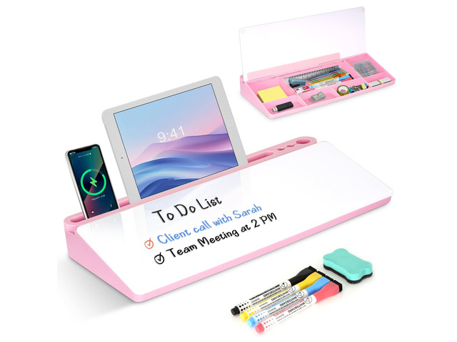 Desktop Glass Whiteboard with Storage, Desk Dry Erase White Board Pink Computer Keyboard Stand, Office Desk Organizers and Accessories with Drawer,...
