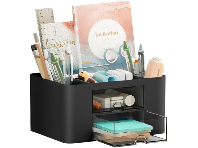 Pen Organizer with 2 Drawer, Multi-Functional Pencil Holder for Desk, Desk Organizers and Accessories with 5 Compartments + Drawer for Office Art...
