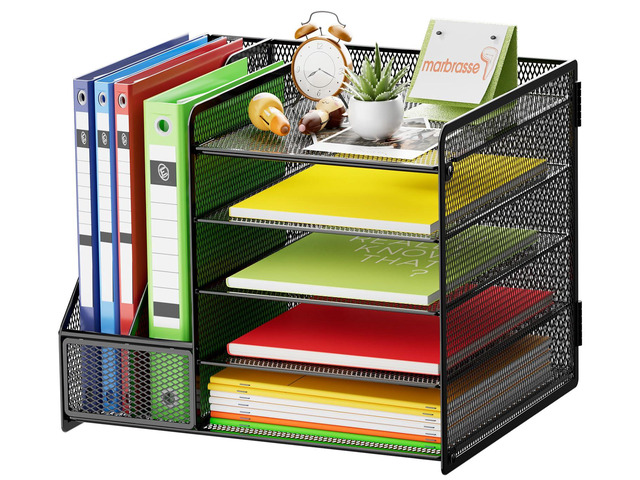 Desk Organizer with File Holder, 5-Tier Paper Letter Tray Organizer, Mesh Desk Organizers and Accessories with Magazine Holder, Desktop Storage for...