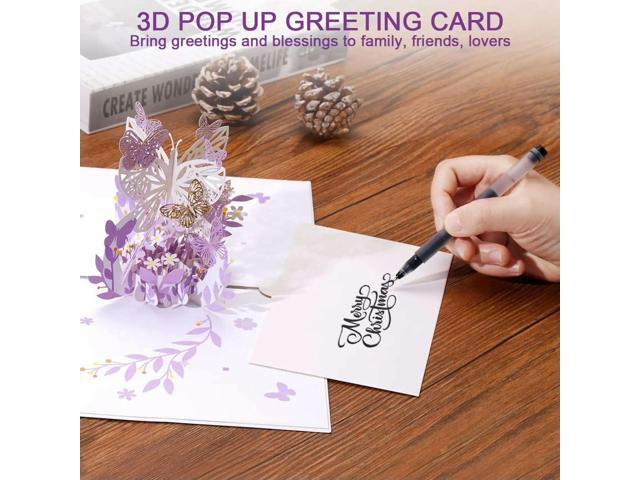 2X Purple Butterfly Birthday Popup Card, Butterfly Flower Basket 3D Greeting Cards For Women Girl Daughter, Mothers Day
