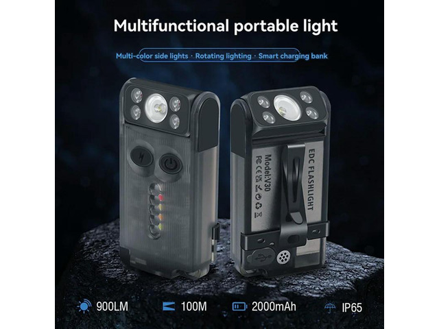 V30 Flashlight Keychain Power Bank UV Magnetic Beep Clip Rechargeable Camping Fishing Torch Emergency
