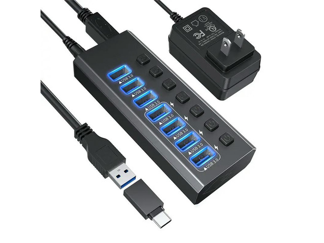 Powered USB 3.0 Hub,7 Port USB Hub,USB Extension Data Splitter & Power Hub,For Laptop And Printer US Plug