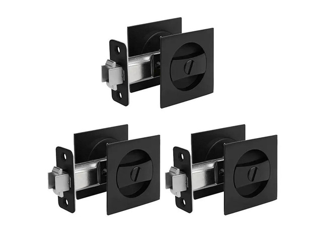 3X Pocket Door Lock, Matte Black Contemporary Privacy Square Pocket Door Hardware, Black Sliding Pocket Door Lock