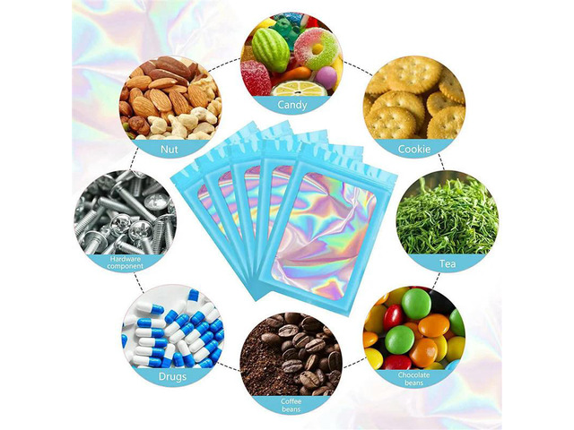 1000Pcs Reseale Holographic Bags, Smell Proof Mylar Pouch With Clear Window For Food Party Favor Business