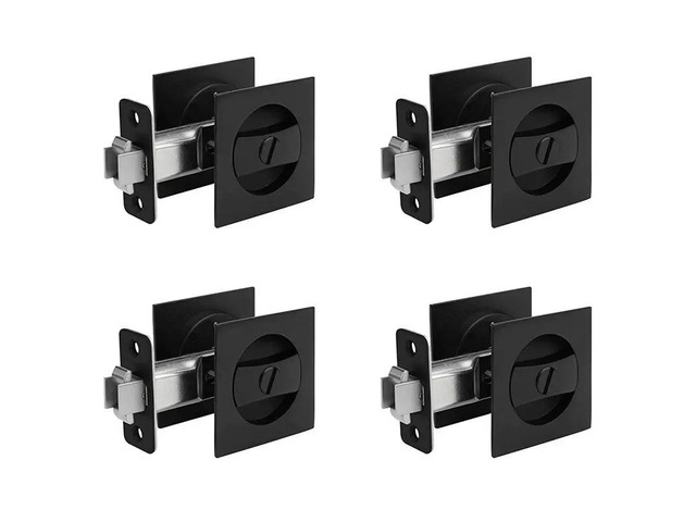 4X Pocket Door Lock, Matte Black Contemporary Privacy Square Pocket Door Hardware, Black Sliding Pocket Door Lock
