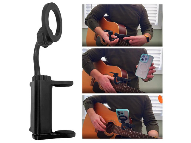 Magnetic Mobile Phone Mount Cell Phone Stand Clamp for 6-8.8cm Thick Guitars/Ukulele for Live Streaming and Hands-Free Videos