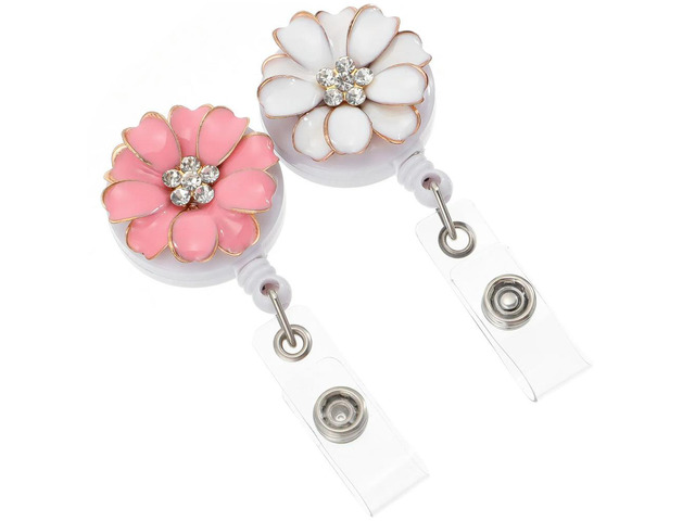 2Pcs Badge Holders Flower Rhinestone Retractable Key Id Name Badge Clip Clips for Work School Volunteer Accessories