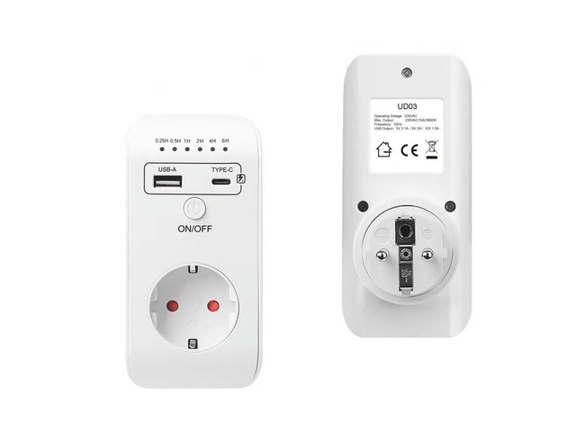 Countdown Timer Socket with USB Type-C 2.4A Fast Charging Time Controller Outlet EU Plug 0.25/0.5/1/2/4/6H Timer Socket